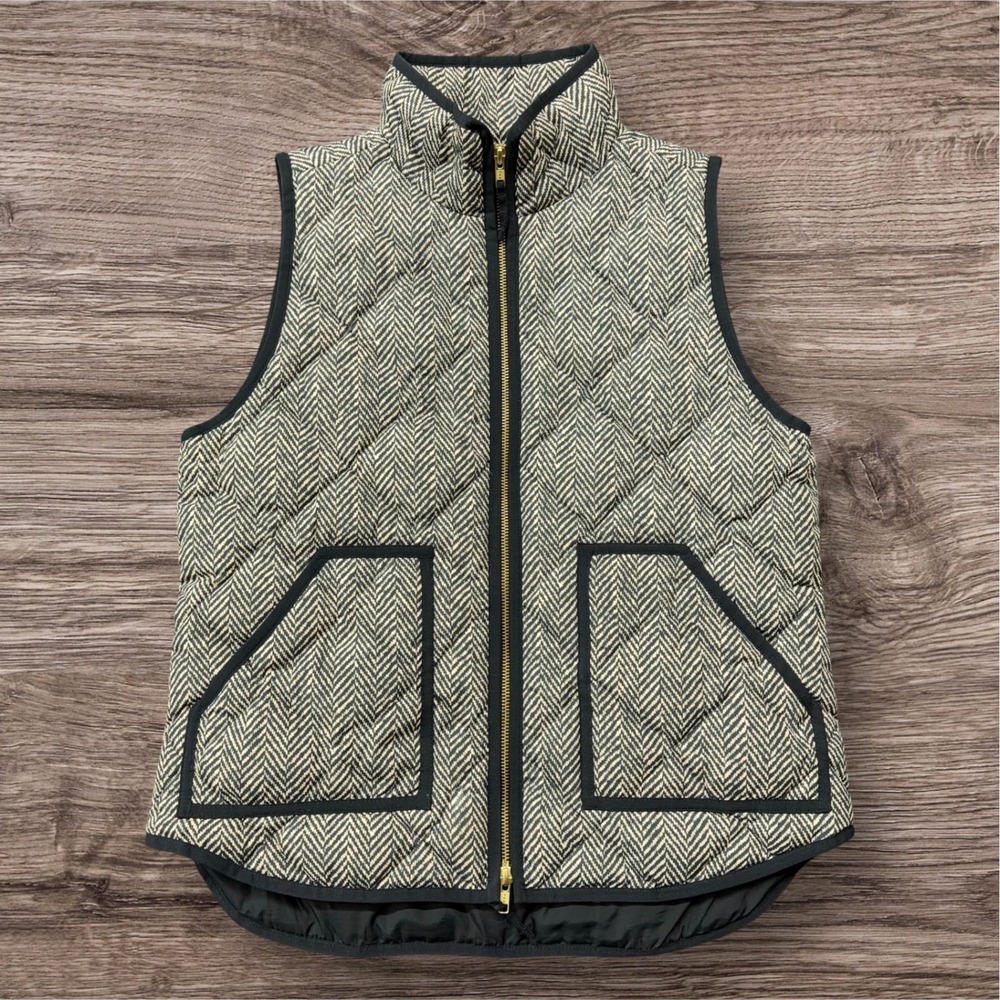 J.Crew Herringbone Excursion Puffer Vest Black White Down‎ Fill 02533 Womens M